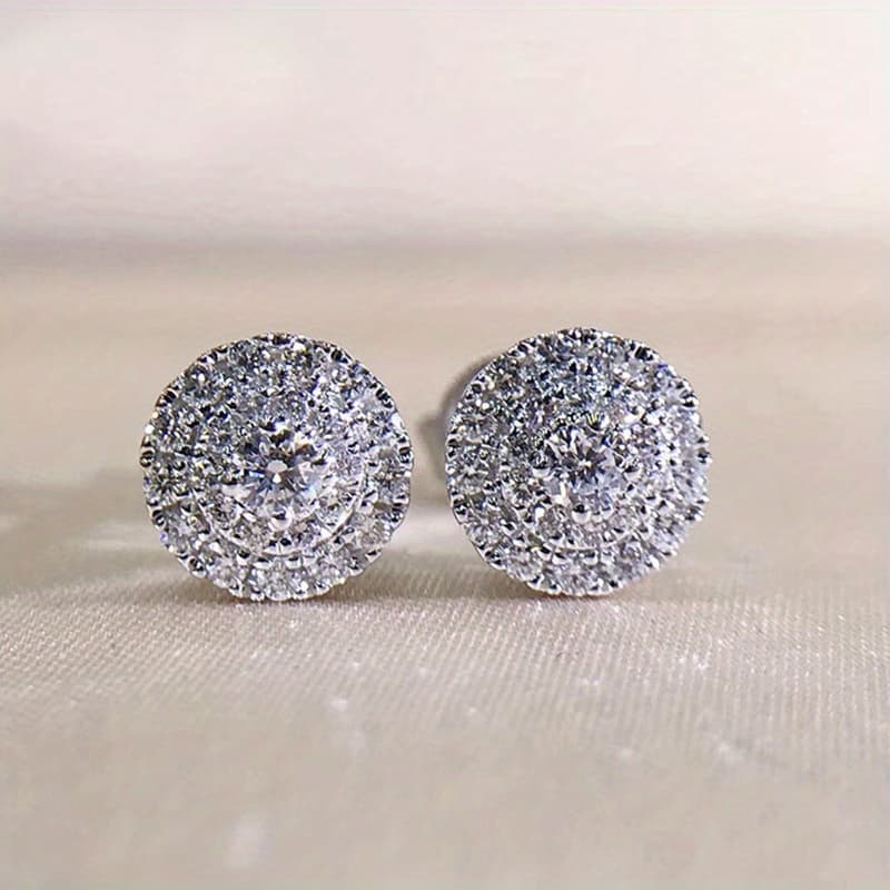 TEMU Simple Bridal Micro Pave Synthetic Zirconia Round Ear Studs For Lady Wedding Engasynthetic Gemstoneent Wear Accessories