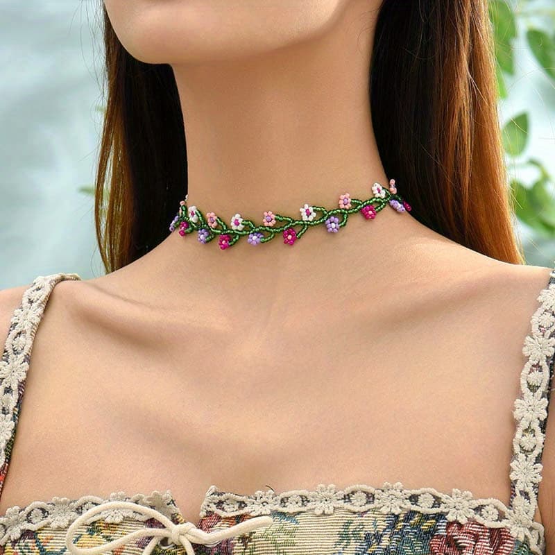 TEMU Bohemian Handmade Braided Rice Bead Flower Necklace Female Neck Jewelry Gift
