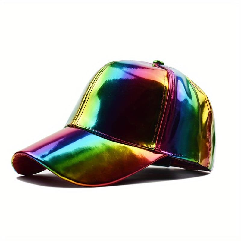 TEMU Vibrant Faux Leather Baseball - Lightweight, Adjustable, Hand Washable, Colorful Gradient Design With Metallic Finish, Casual Headwear | Gradient | Lightweight