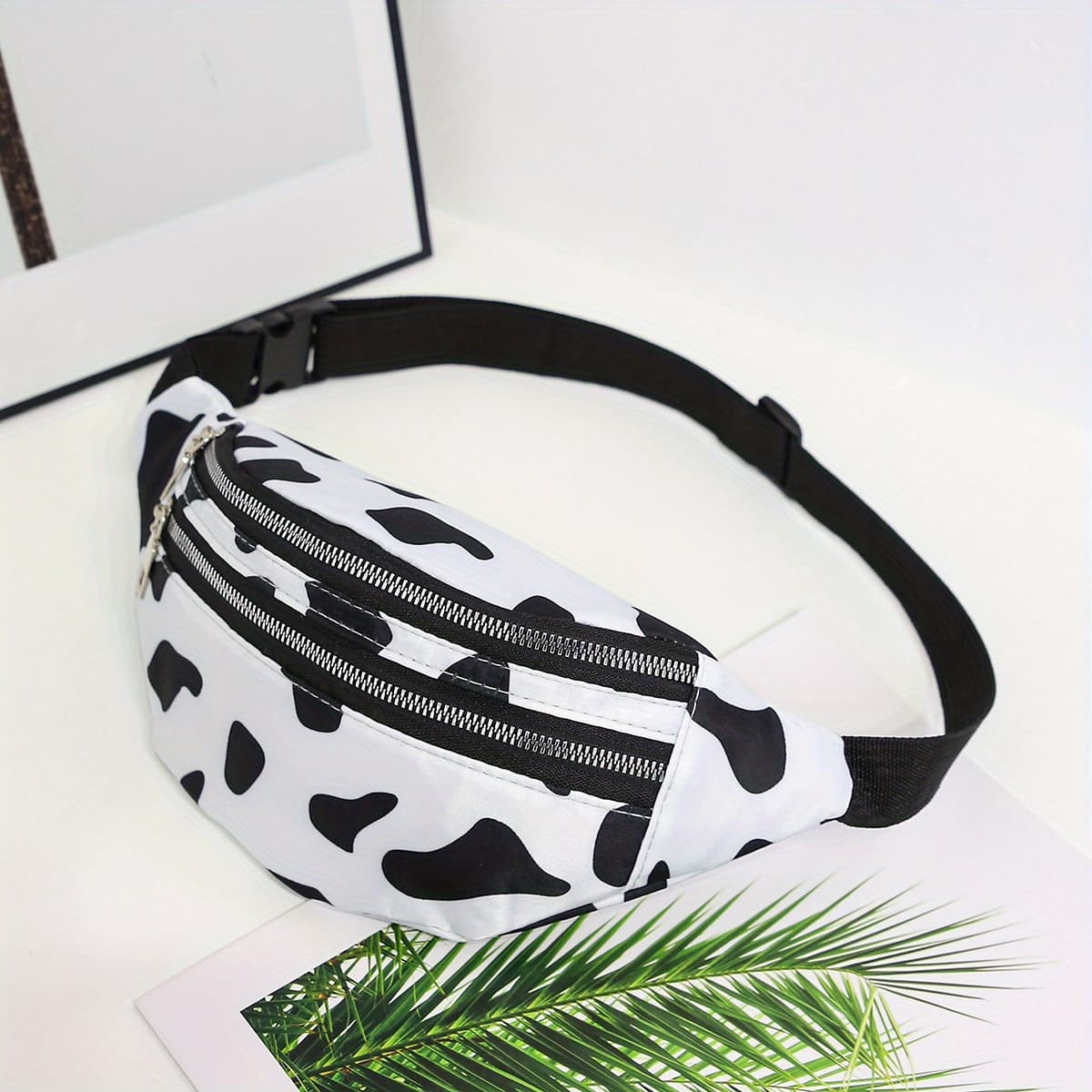 TEMU 1pc Aerocandy Cow Print Nylon Waist Bag, Animal Theme Messenger Chest Bag With Adjustable Strap, Zipper Closure, Polyester Lined Crossbody Belt Bag For Women, Cow Print Purse