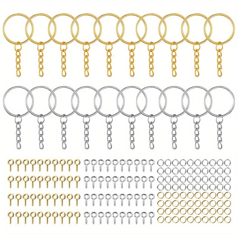 TEMU 220pcs Key Ring Set 20 Keyrings Chain Link Metal Key Ring Hoops Jump Rings + 100 Pins 24mm Split Key Ring For Diy Keyring Crafts Jewelry, Golden+silvery