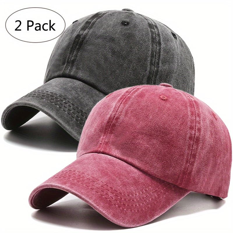 TEMU 2pcs Washed Distressed Dad Hat With , Outdoor Baseball , Simple Solid Sun Hat, Cowboy Hat