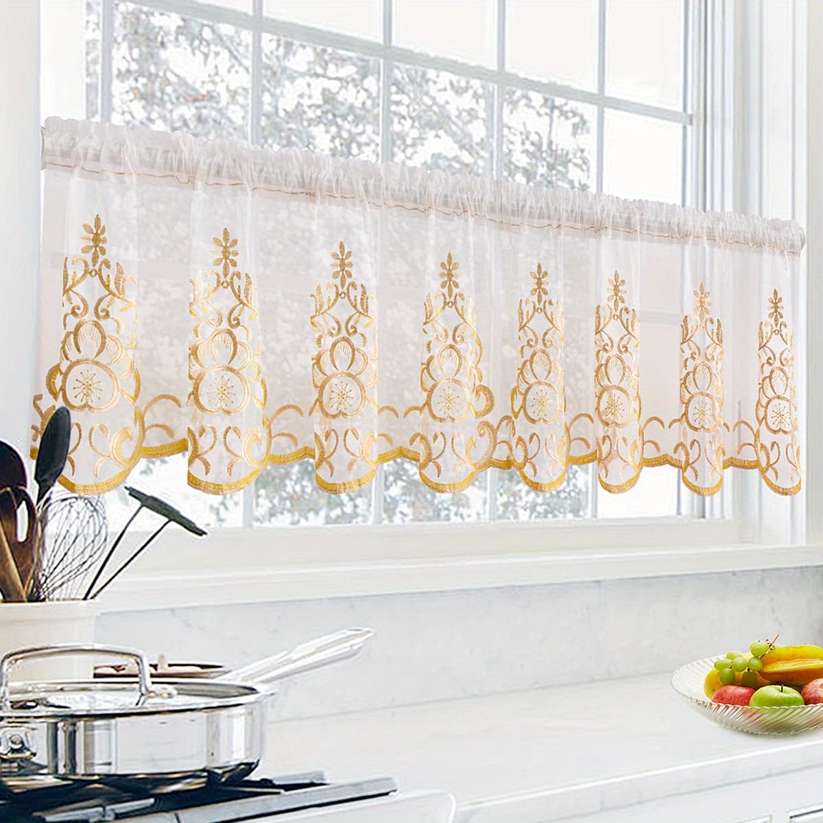 TEMU 1pc Simple Embroidered Style Window Curtain, Square Rhombus Pattern Embroidered Design Flat Mantle, Sweet Small Curtain For Living Room Bedroom, Window Door Blocking Home Decoration