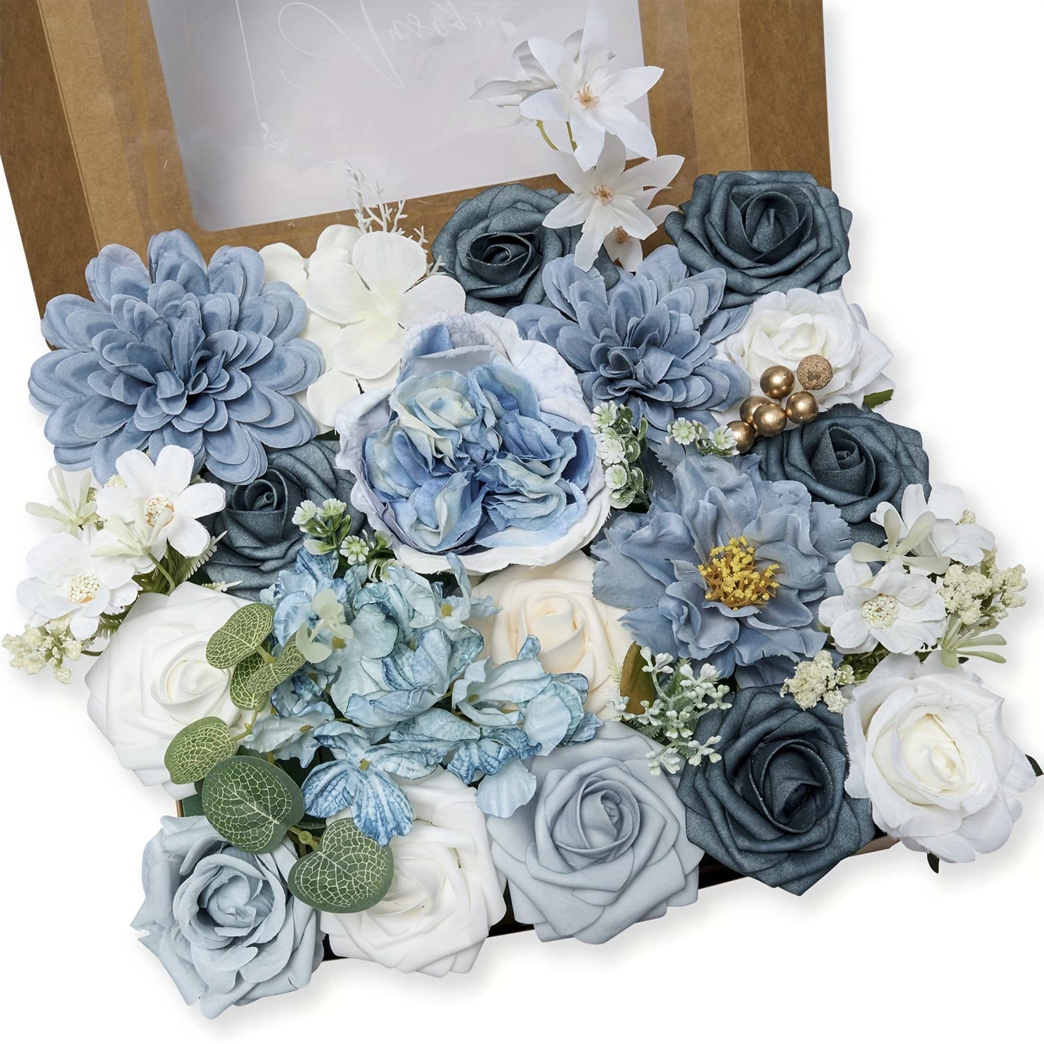 TEMU Artificial Flower Gift Box, Artificial Flowers, Wedding Decoration Bouquet, Cake Flowers, Party Artificial Roses, Peonies, Bridal Bouquet, Blue And White