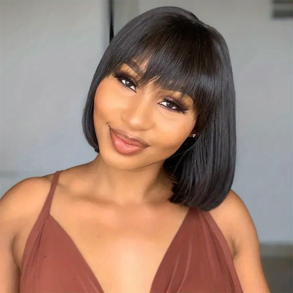 TEMU Straight Short Bob Human Hair Wigs With Bangs Brazilian Black Full Machine Made Glueless Wigs With Fringe 200% Density Wigs For Women Human Hair