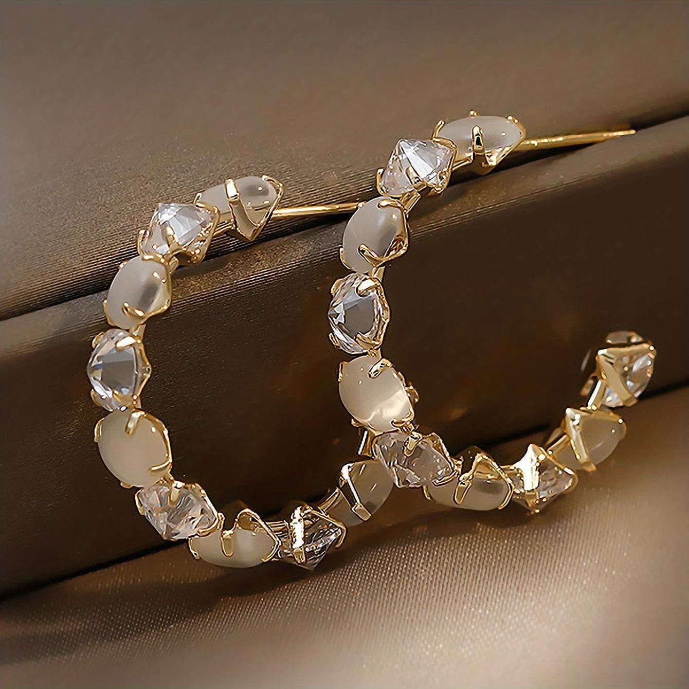 TEMU 1 Pair Japanese Korean Style Inlaid Artificial Glass Hoop Earrings
