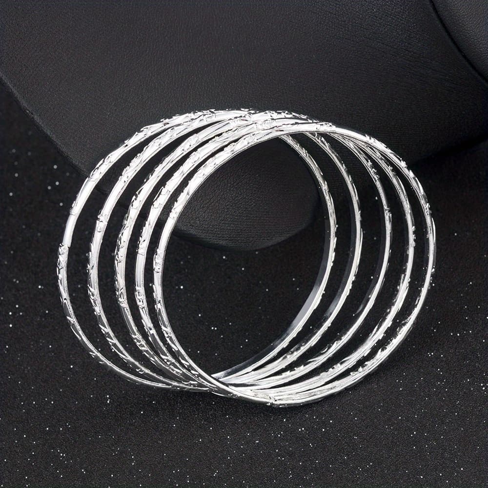 TEMU A Set Of 5 Hot-selling Silvery Patterned Bracelets, Featuring Fashionable Geometric Circle Patterns, Versatile Accessories.