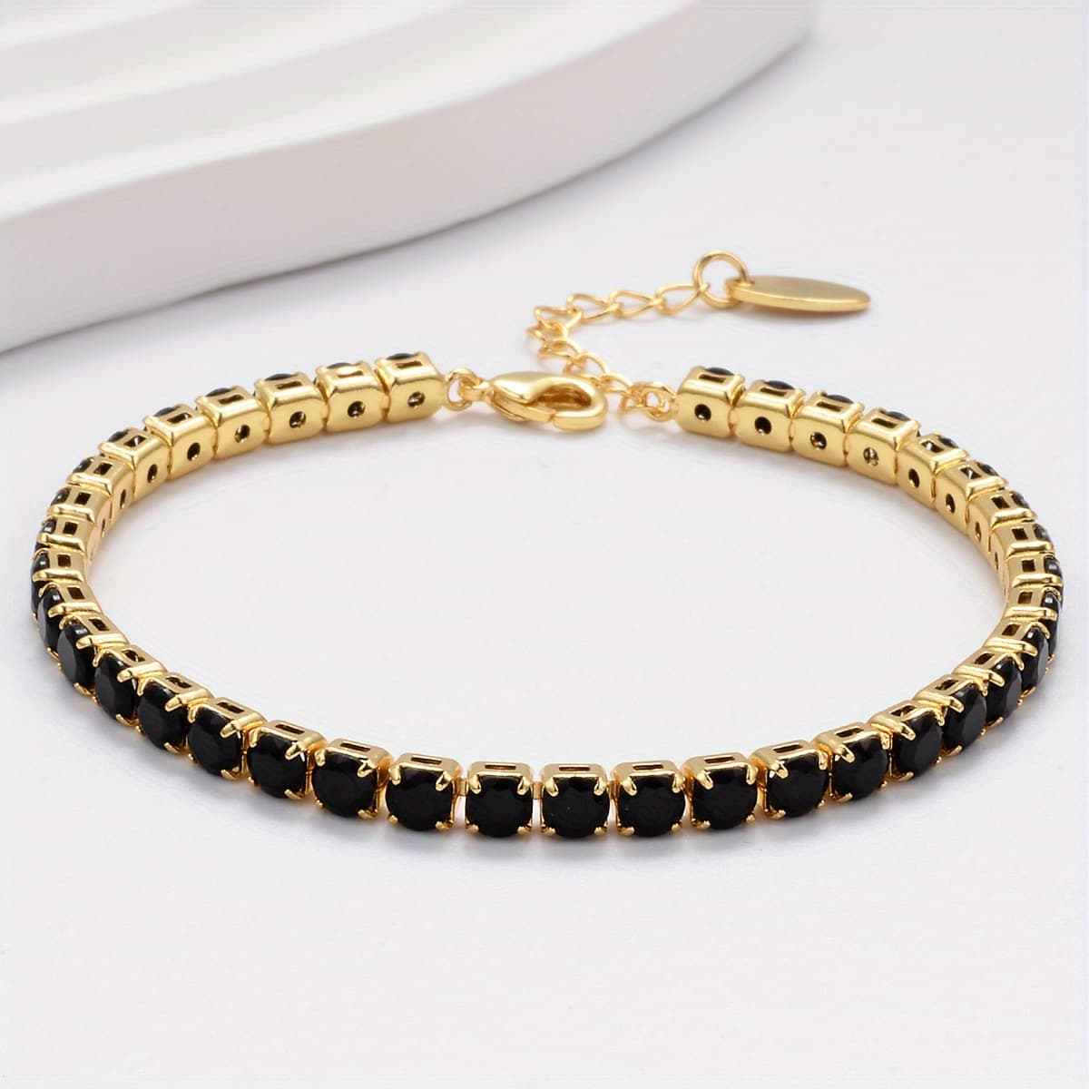 TEMU Light -inlaid Black Gemstone Bracelet, Square-cut Tennis Chain Design, Commuting And Dating High-end Temperament Jewelry