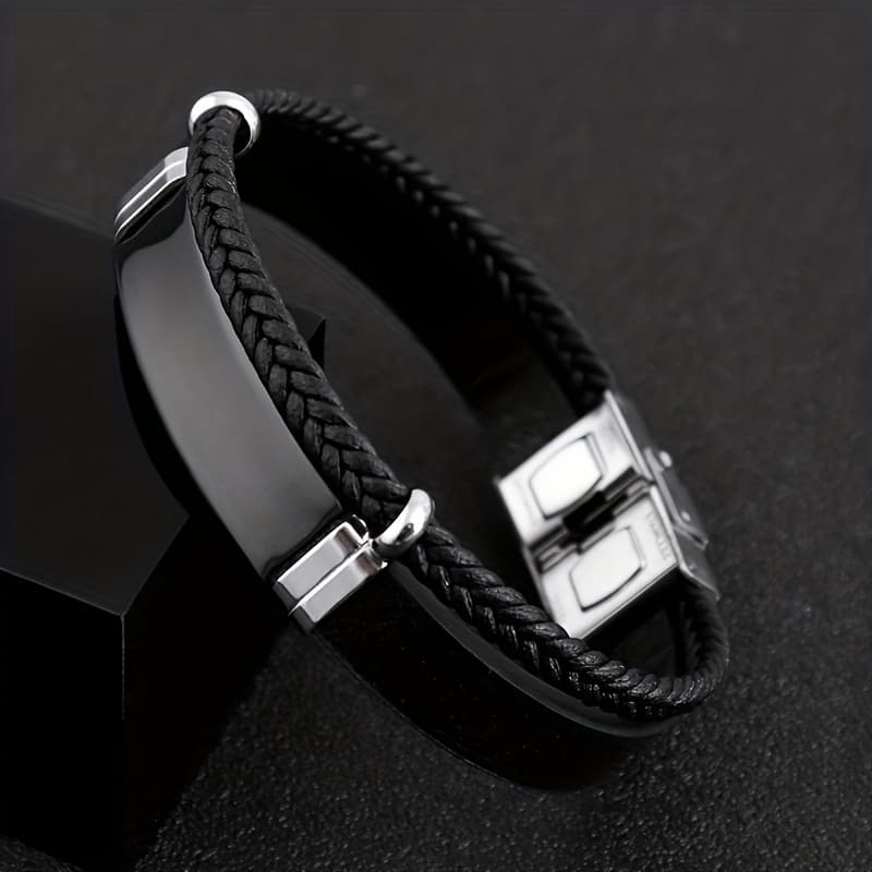 TEMU Text Men's Bracelet Vintage Titanium Stainless Steel Leather Band Engraved Couple Stainless Steel Braided Bracelet Custom Text , 15 Characters Per Line