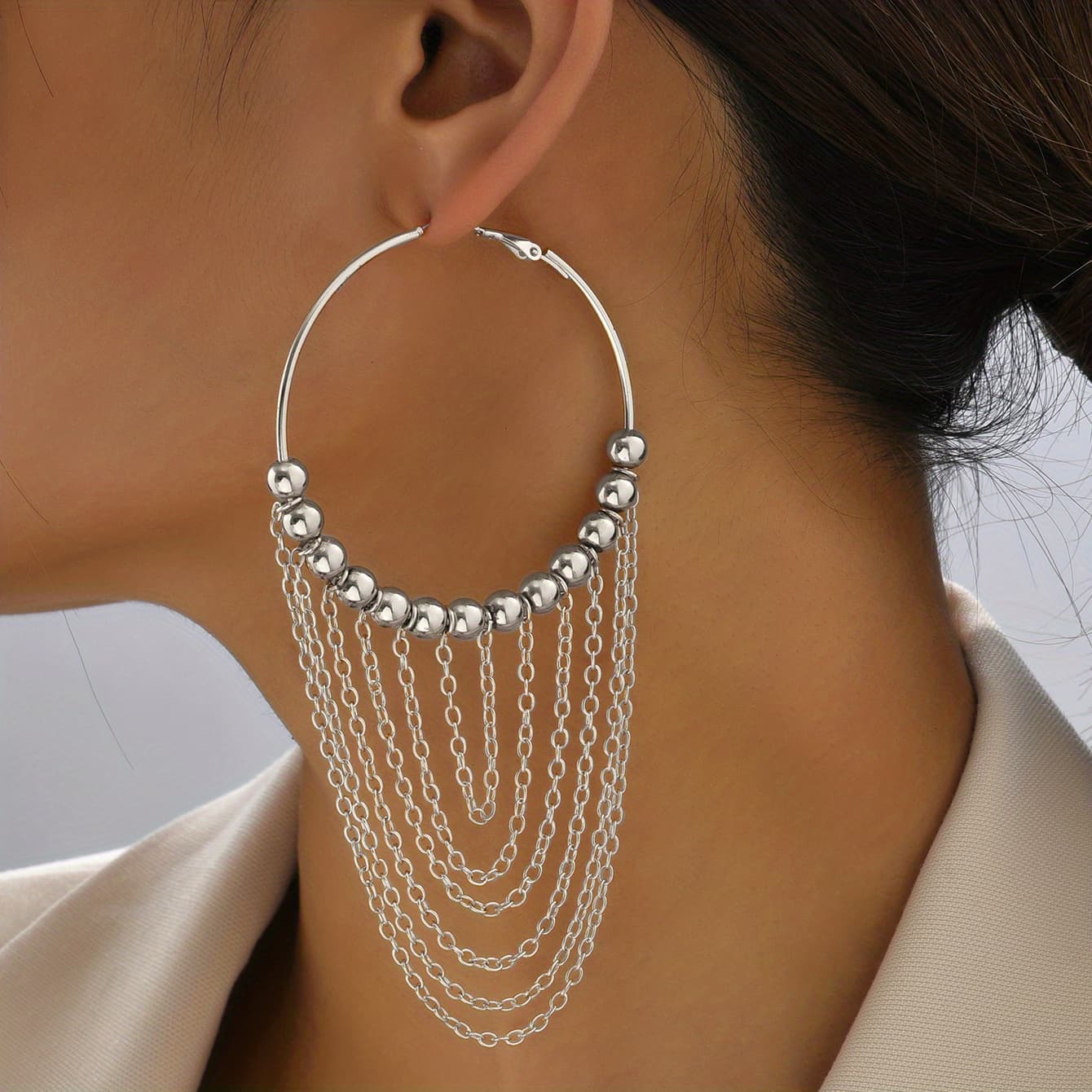 TEMU Pair Of Golden Tassel Hoop Earrings - Vintage-inspired, With Beaded Tassels, Alloy Material, Or Vacation, Vacation Accessories|vintageinspired Earrings|alloy Earrings