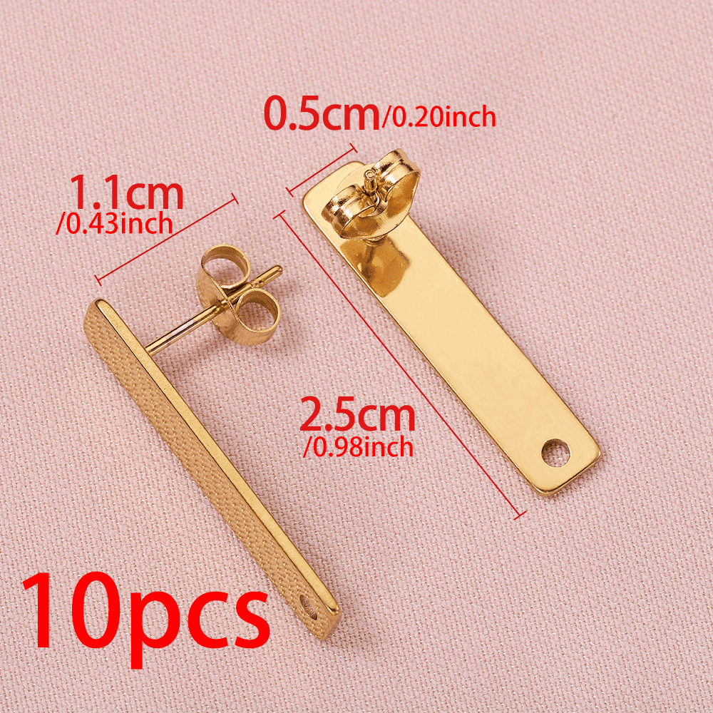 TEMU 10pcs 304 Stainless Steel Flat Bar Earring Studs With Holes, 2.5cm Long Strip Earrings And Ear Plugs Set For Making Accessories