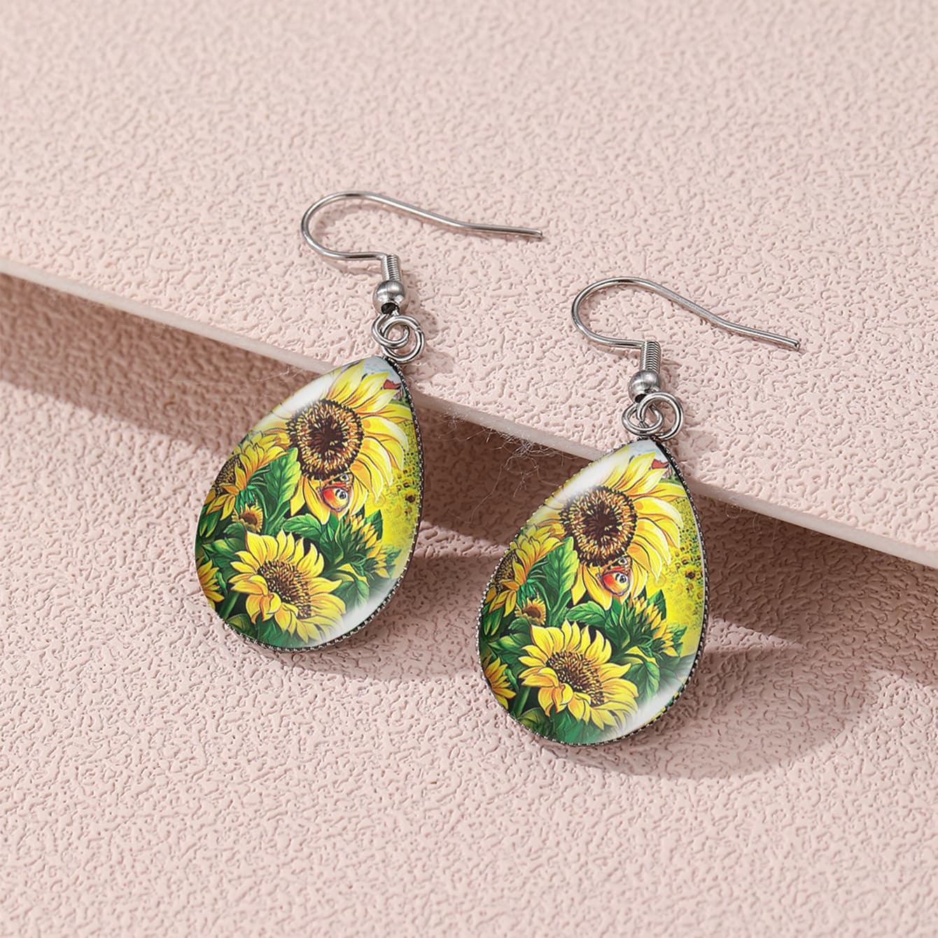 TEMU Pair Of Elegant Sunflower & Hummingbird Teardrop Earrings - Vibrant With Stainless Steel Hooks,