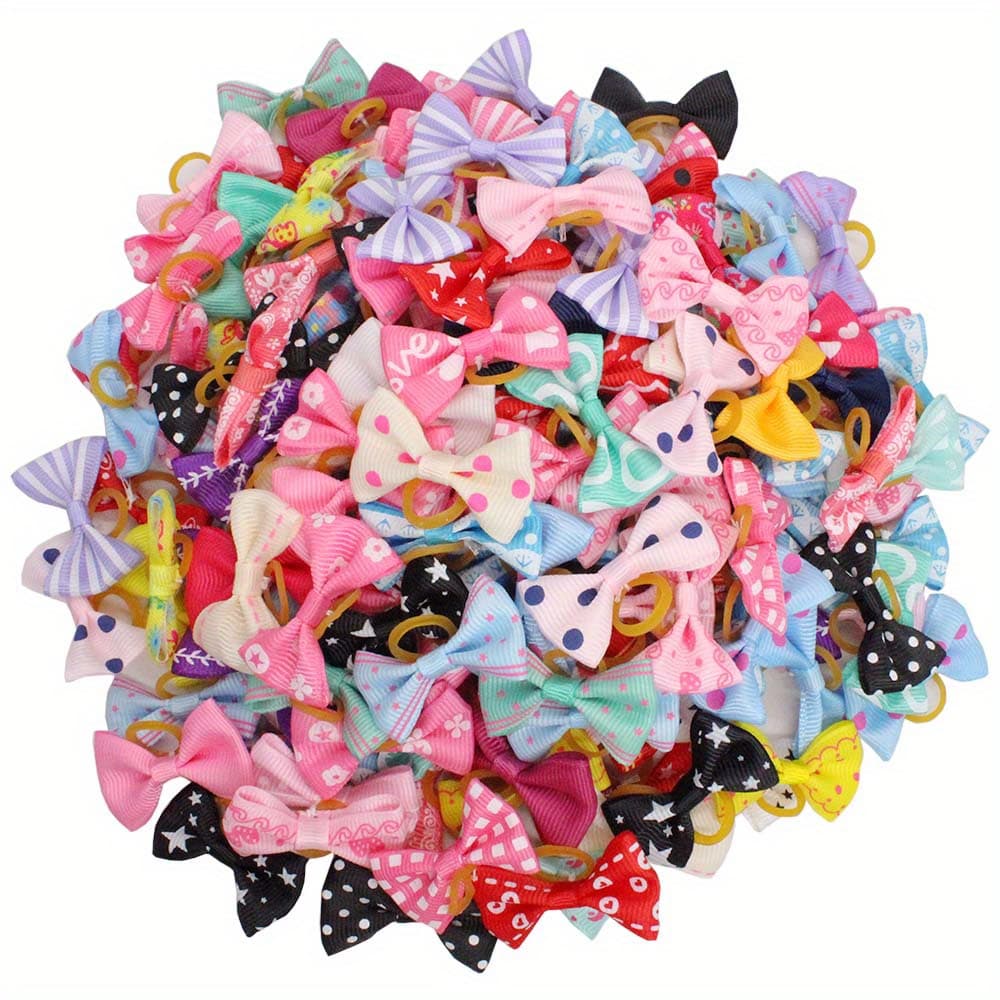 TEMU 50pcs Assorted Hair Bows With Elastic Bands - Vibrant & Stylish Pet Grooming Accessories, Perfect For Small , Featuring Polka Dots, Stars & Hearts Patterns, Dog Hair Accessories