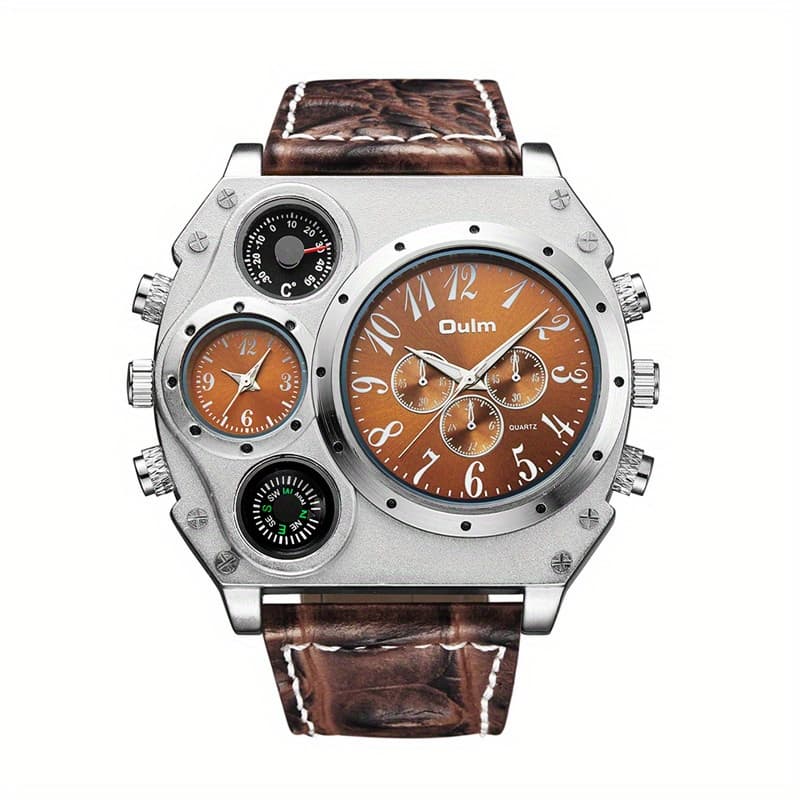 TEMU Luxury Men's Sporty Quartz Watch With Compass, Chronograph & Thermometer - Stainless , Orange Dial, Leather Strap, Outdoor For Hiking, Camping, Travel