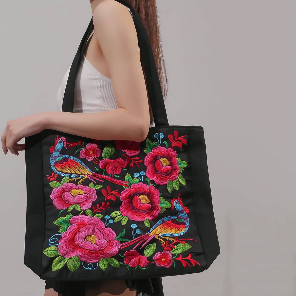 TEMU Flower & Bird Embroidered Tote Bag, Large Capacity Shoulder Bag, Stylish Handbag
