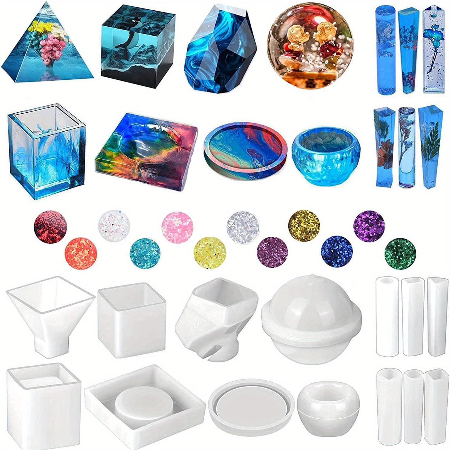 TEMU 14pcs Epoxy Resin Molds Kit, Large Silicone Resin Molds For Resin Casting, Including Sphere, Cube, Pyramid, Square Shape For Coaster Stone & Pendants Casting