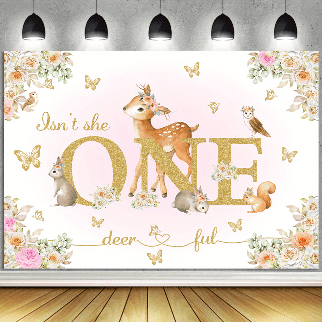TEMU 1pc Asoonyum 1st Birthday Backdrop - Pink Floral Golden Bunny Deer " She One-deer-ful" Princess Vinyl Banner For Photo Booth, Cake Table Decorations, Party Supplies
