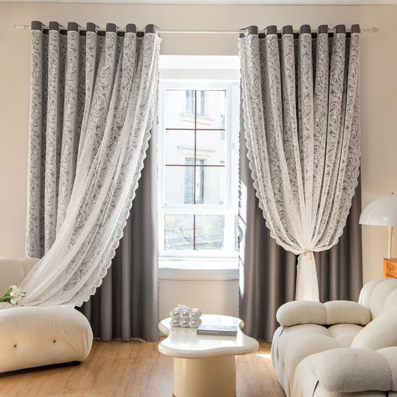TEMU French Double-layer Beaded Embroidered Sheer Curtains, Single-sided Dark Gray Fabric Curtains, Blackout Curtains For Bedroom And Living Room, 1pc