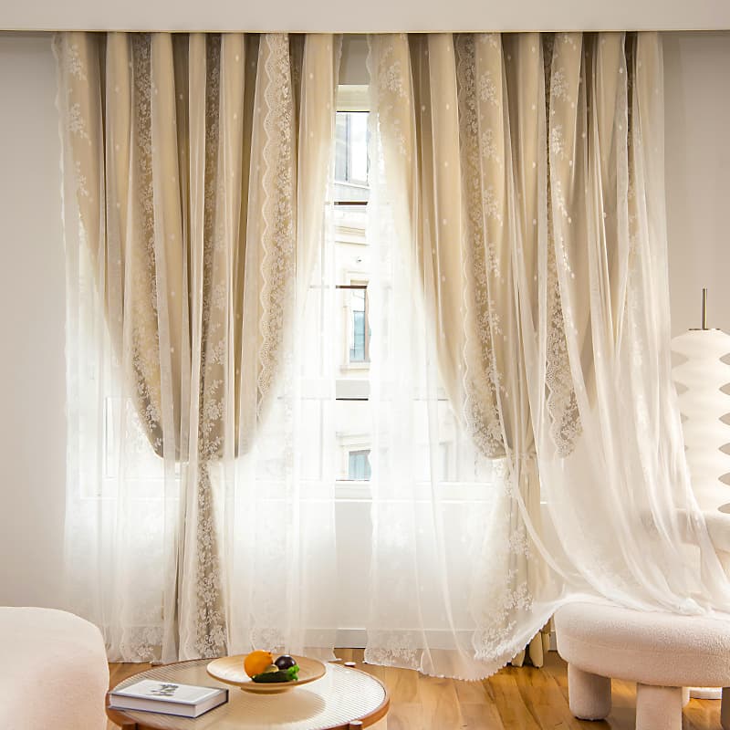TEMU 1pc French Double Layer Lace Curtain | Polyester Blackout Curtain With Moire Pattern, Uncorded, Grommet Top For Living Room