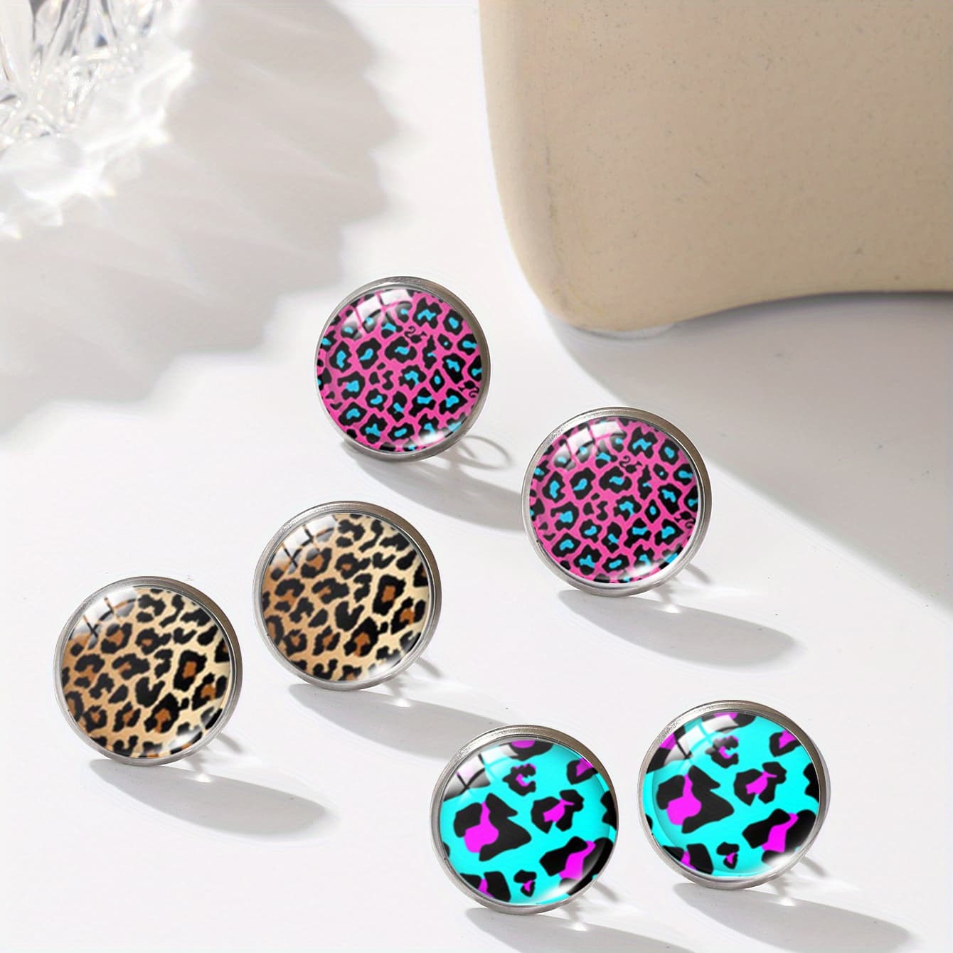 TEMU 3 Pairs Fashion Leopard Print Round Stud Earrings For Men, Birthday Gift