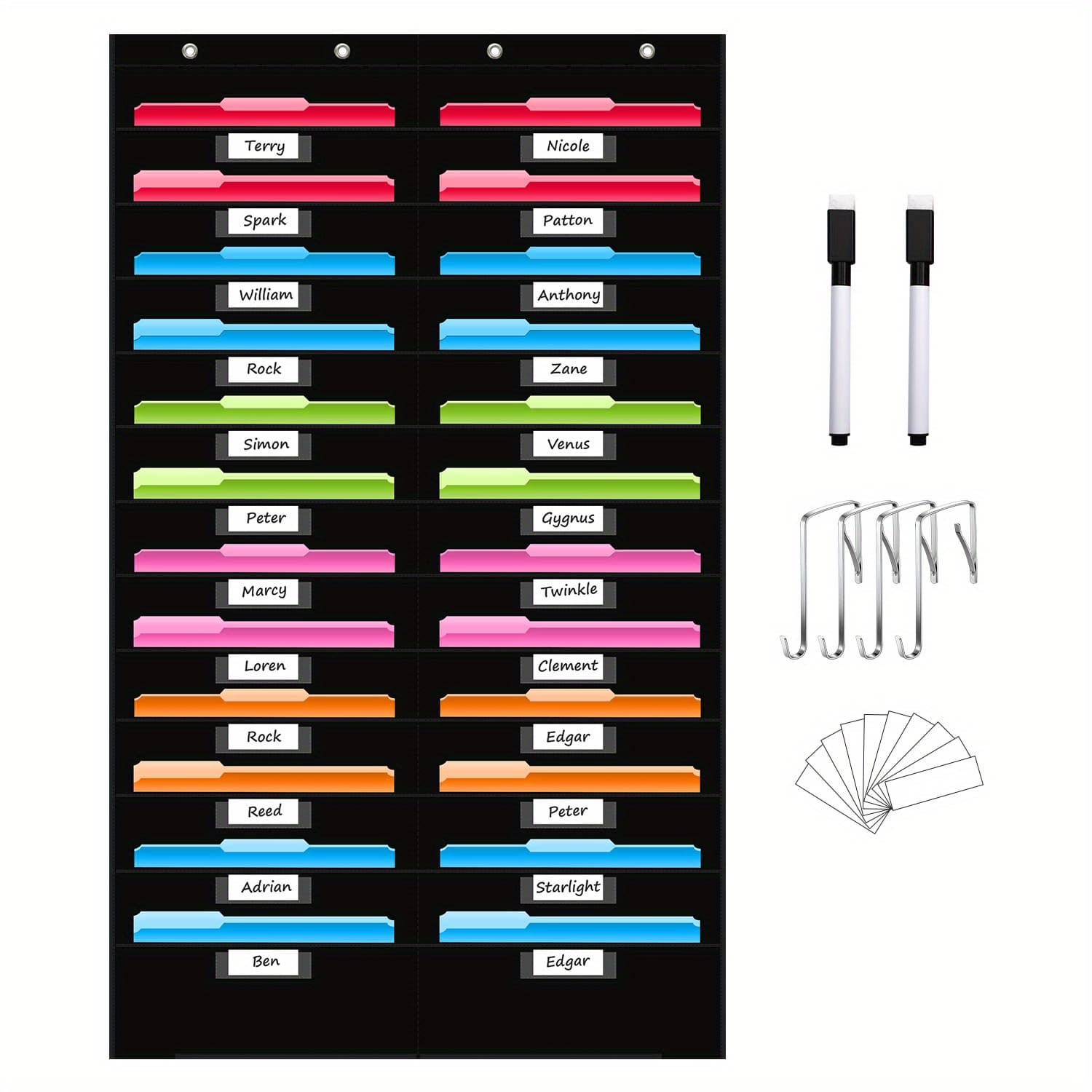 TEMU Oxford Fabric Large Hanging File Storage Pocket Chart | Includes 2 Dry Erase Markers, 24 Blank Label Cards, And 4 Hooks For Classroom And Office Organization, Black