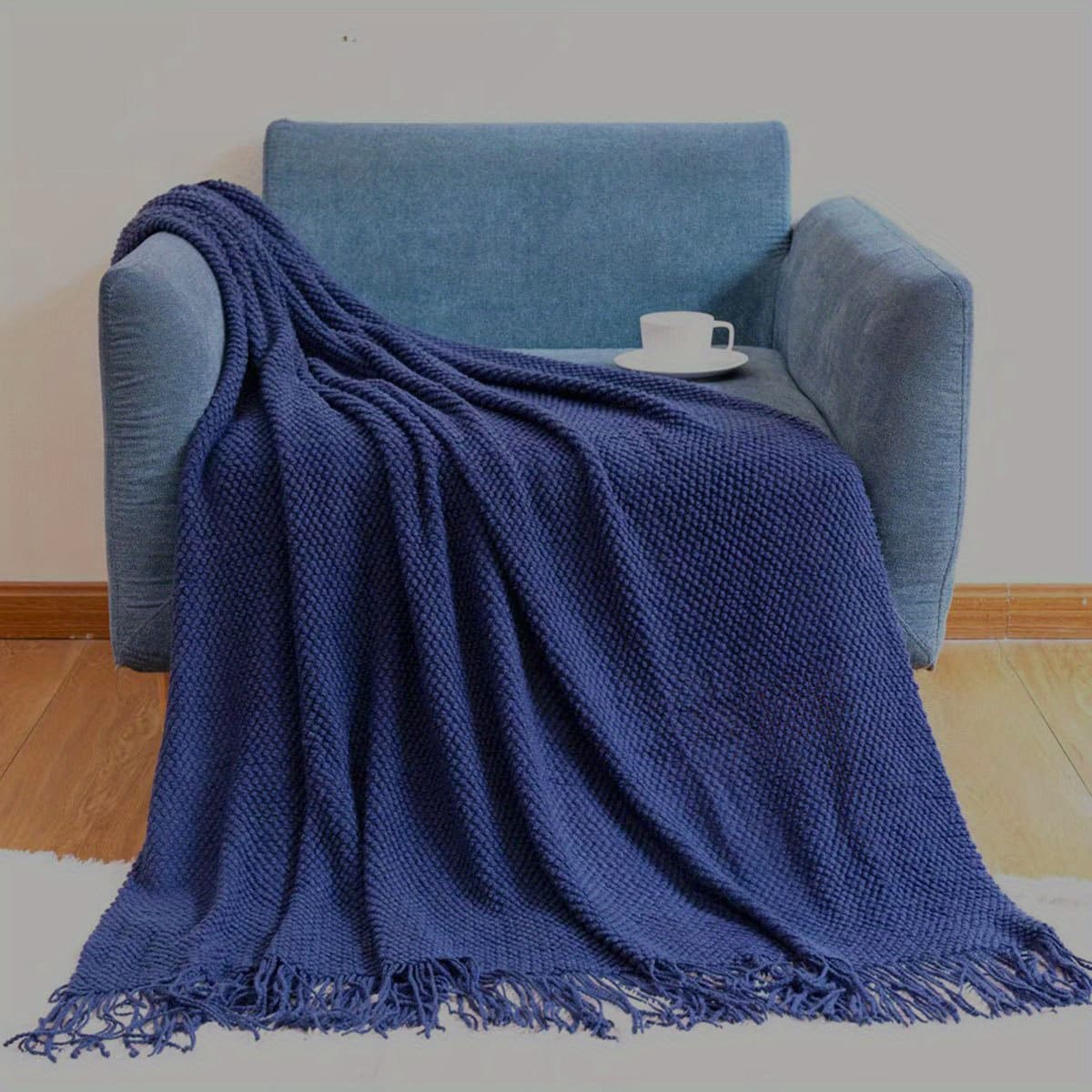 TEMU 1pc Cozy Morandi Blue Throw Blanket With Tassels, Polyester, 100g - Perfect For Couch Or Bed, Machine Washable