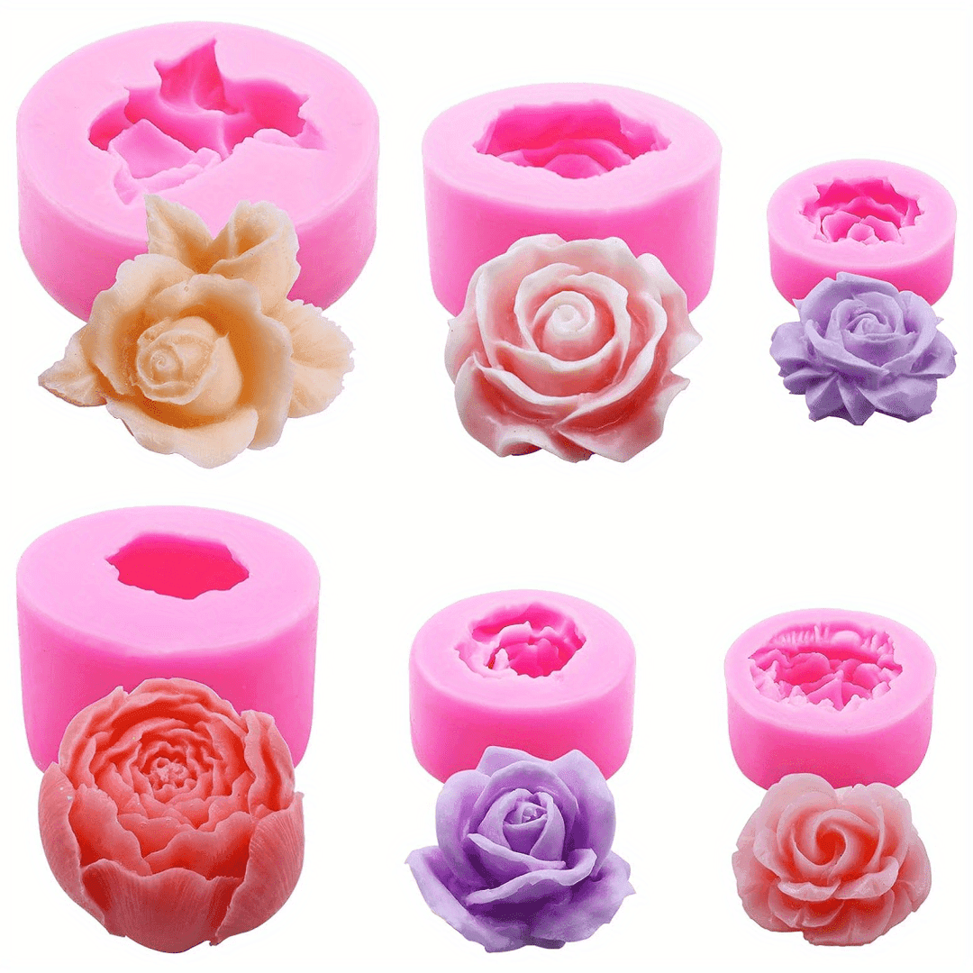 TEMU 6pcs Floral Silicone Mold Set - Peony & Rose Designs For Diy Candles, Clay, Handmade Diy Creation