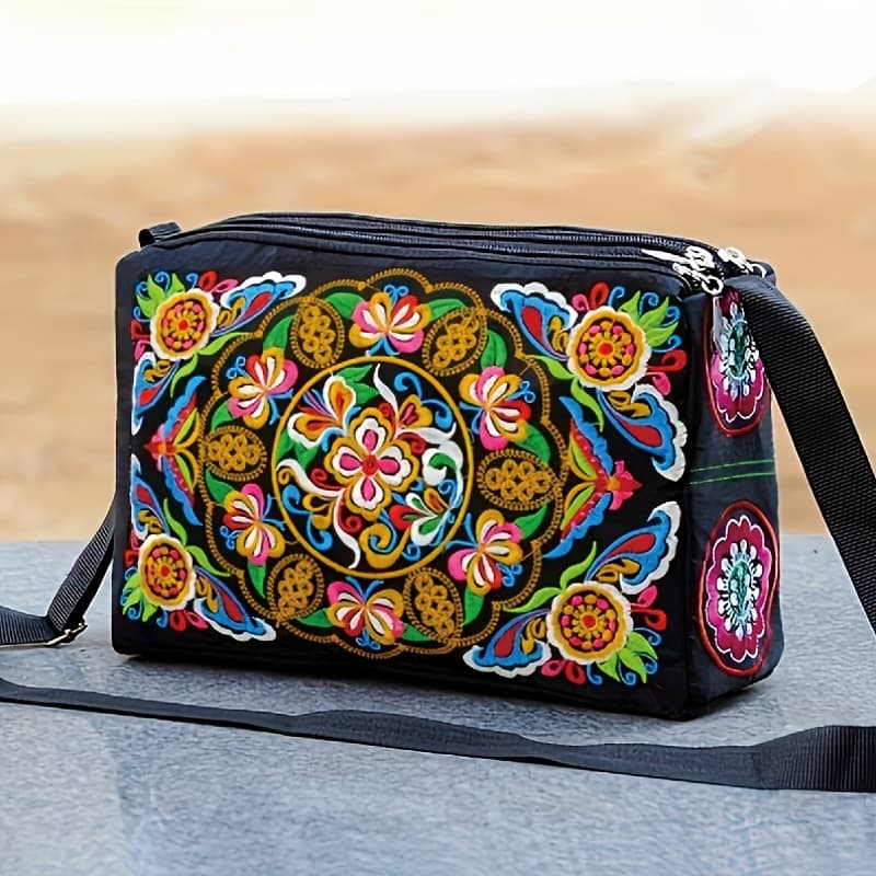 TEMU Embroidered Crossbody Bag, Women's Shoulder Bag, Three-layer Large-capacity Crossbody Bag With Space For Umbrella And Water Bottle