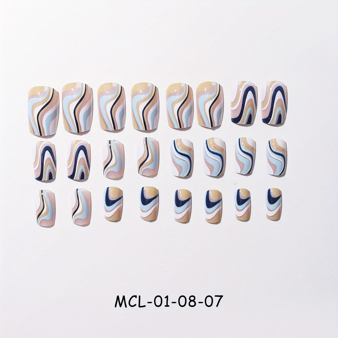 TEMU 24pcs Blue Press On Nails Square Fake Nails Spring Summer Blue White Stripe Wave Design Short Full Cover Nails Stick On Nails For Women