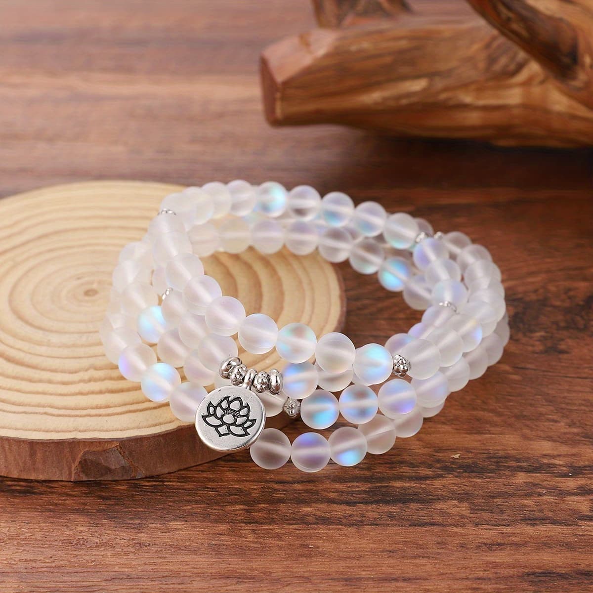TEMU 108pcs Frosted & For Lotus Charm Bracelet Set - 8mm Round Beads, Five-layer Jewelry For Women, Cute/vintage Style, Synthetic Stone, Perfect For Daily Wear & Vacation