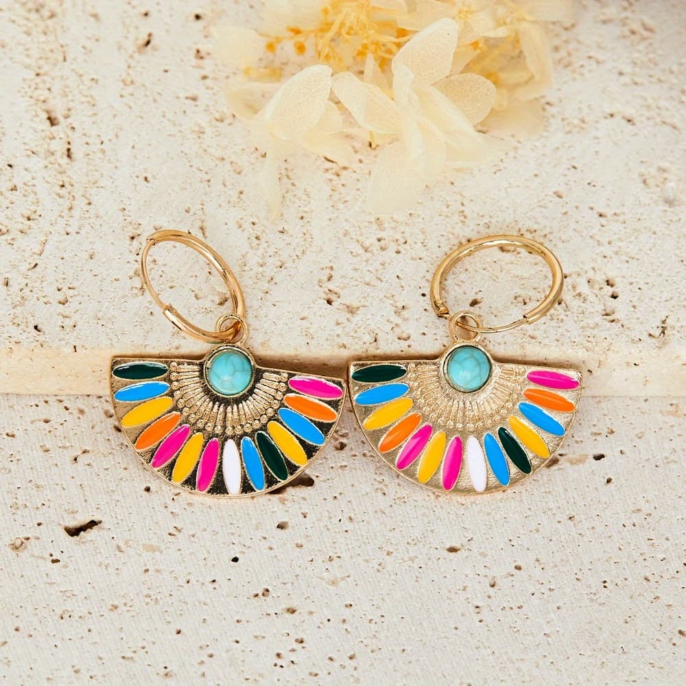 TEMU Metal Fan Shape Colorful Enamel Hoop Earrings With Turquoise Decor Retro Bohemian Style Alloy Jewelry Trendy Female Gift