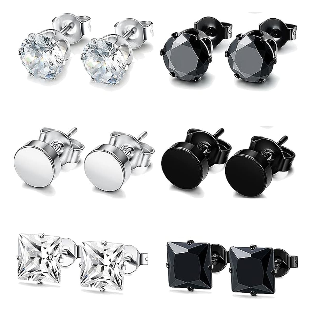 TEMU 6 Pairs Stainless Steel Cz Stud Earrings Set For Men Women Cz Round Earrings Black Hypoallergenic Earrings Piercing Studs Jewelry