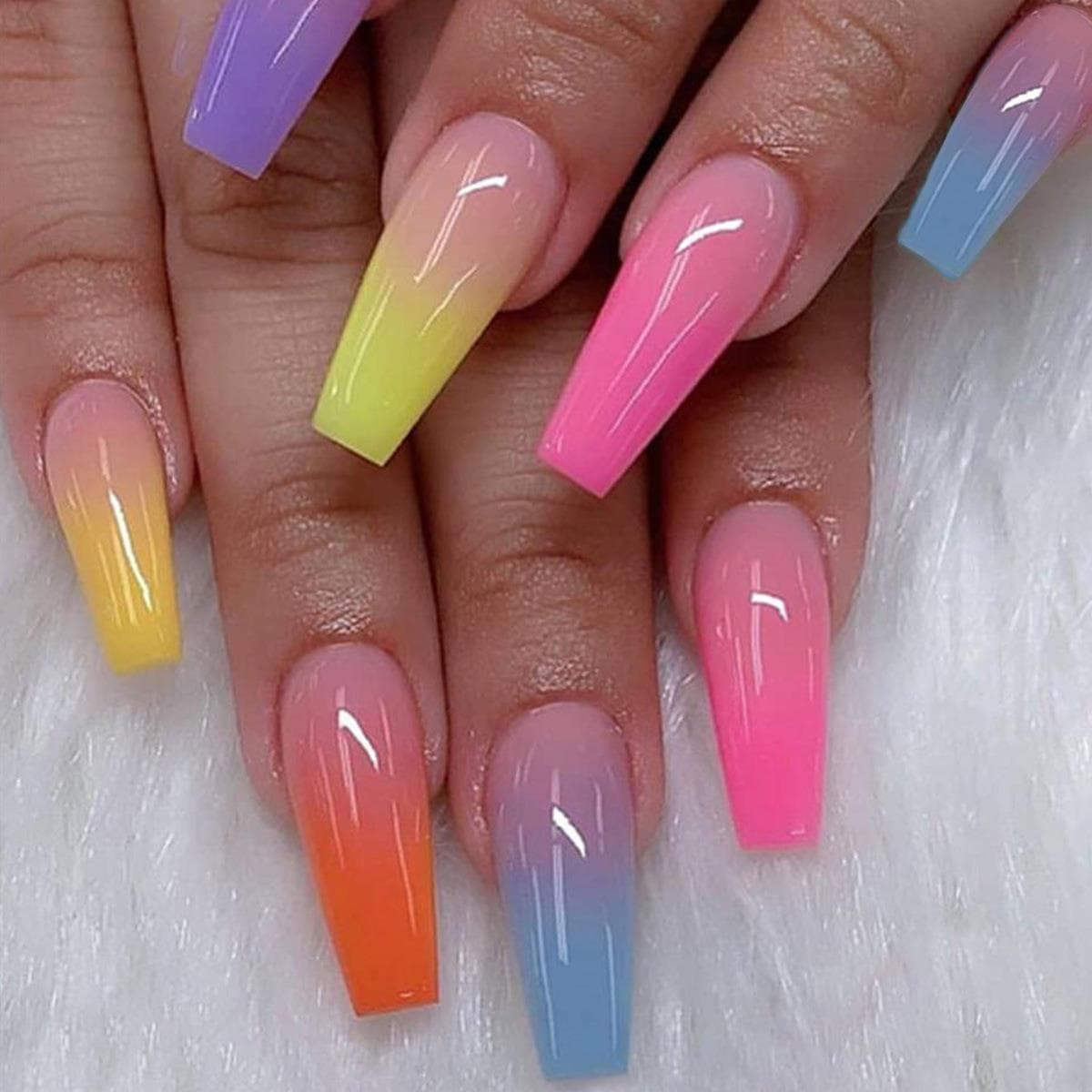 TEMU 24pcs Rainbow Gradient Coffin Long Press On Nails - Glossy Acrylic Ballerina False Nails For Women And