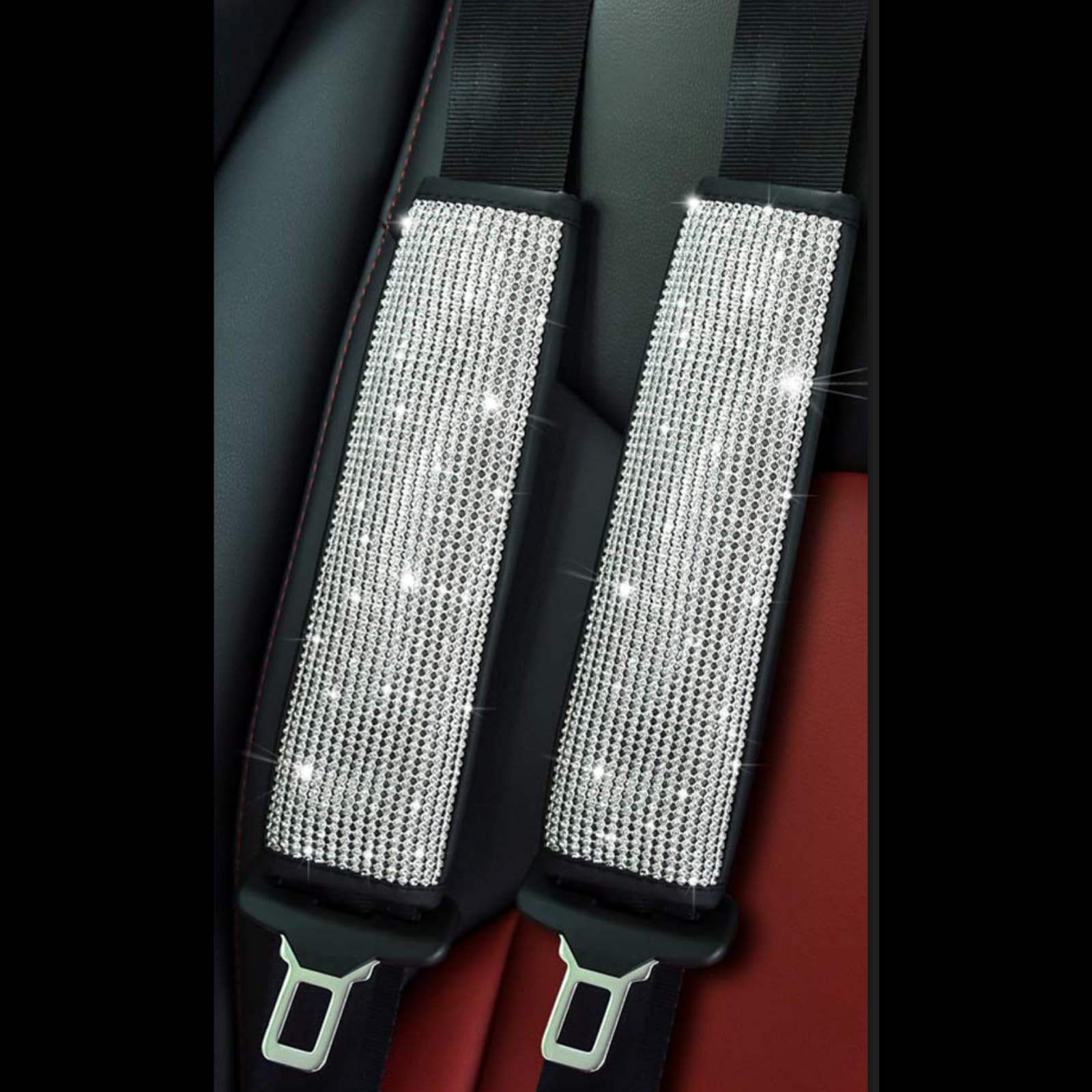 TEMU Car Seat Belt Cover With Rhinestones, Trim, Heat- Shoulder Protector, Full-coverage Car Interior Modification Accessory, Luggage Handle Cover, Set Of 2
