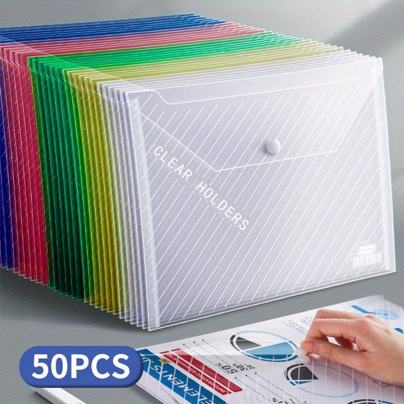 TEMU 50-pack A4 Size Transparent Pp File Folders With Snap Closure - Water-resistant Document Bags For Office, School Supplies, Teacher Classroom Supplies, Plastic Folder, Supplies