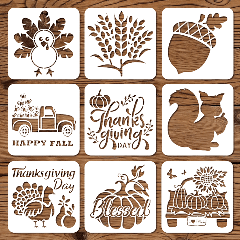 TEMU 9pcs Reusable Fall Stencils-7.87x7.87inch Thanksgiving Autumn Pumpkin Truck/ / Stencil, Blessed Stencil, Happy Fall Stencil