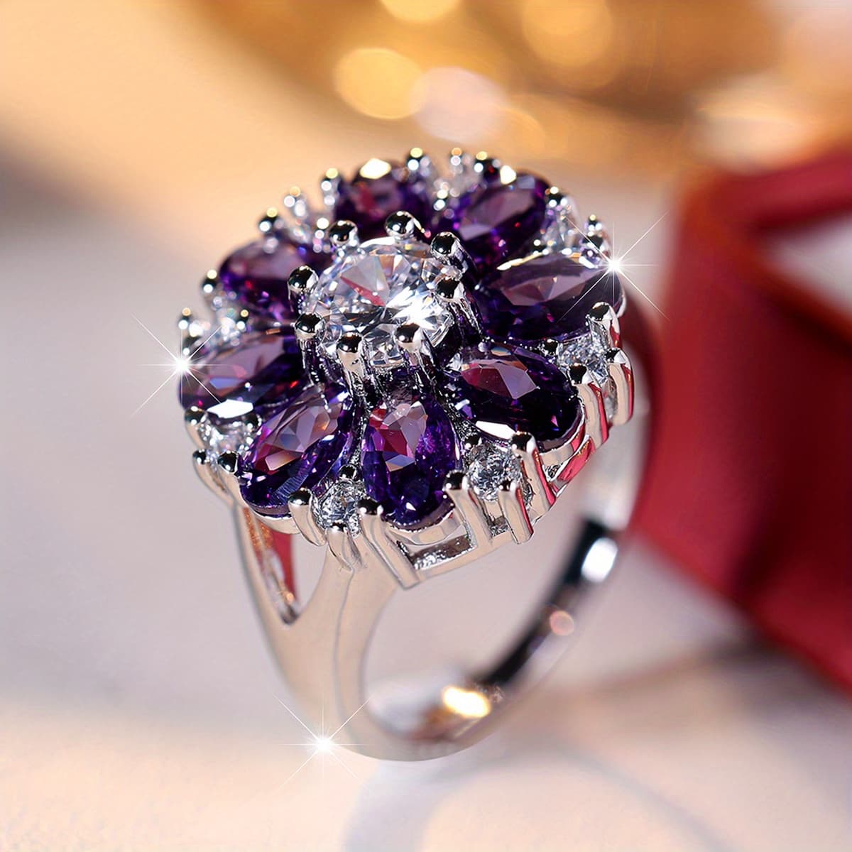 TEMU Elegant Zirconia Flower Women's Fashion Ring Party Birthday Gift Engagement Wedding Ring