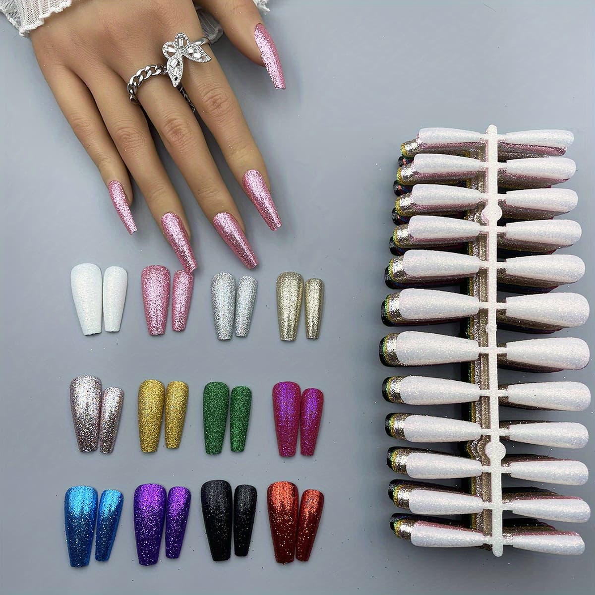 TEMU 12-color Mixed Long Nail Plate Long Ballet Nails Sparkling Bling Full Nail Shimmer Fake Nails Suitable For Stage Daily Wear
