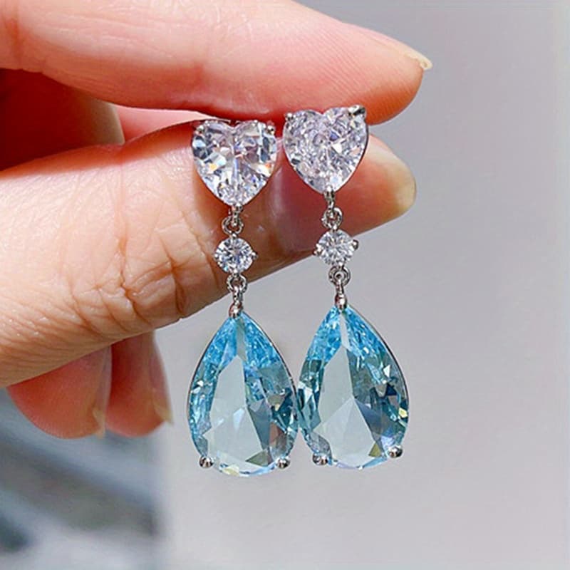 TEMU Elegant Heart-shaped Drop Earrings For Women, Featuring Exquisite Blue And Green Synthetic Zirconia, Perfect For Engagements And Parties