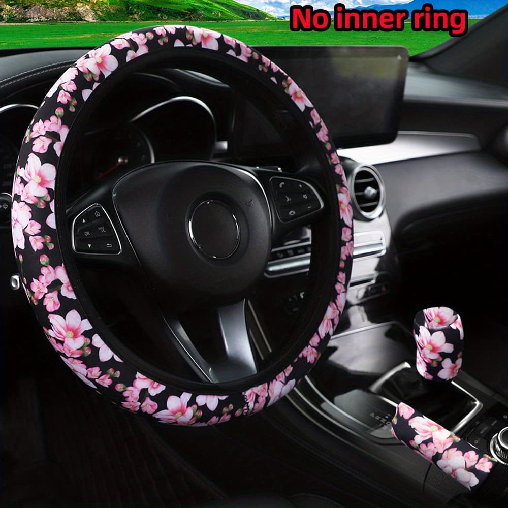 TEMU 3pcs Car Interior Set - Breathable Fabric, No Required, Includes Steering Wheel Cover, Grip & Gear Shift Knob Covers, Comfortable & Soft