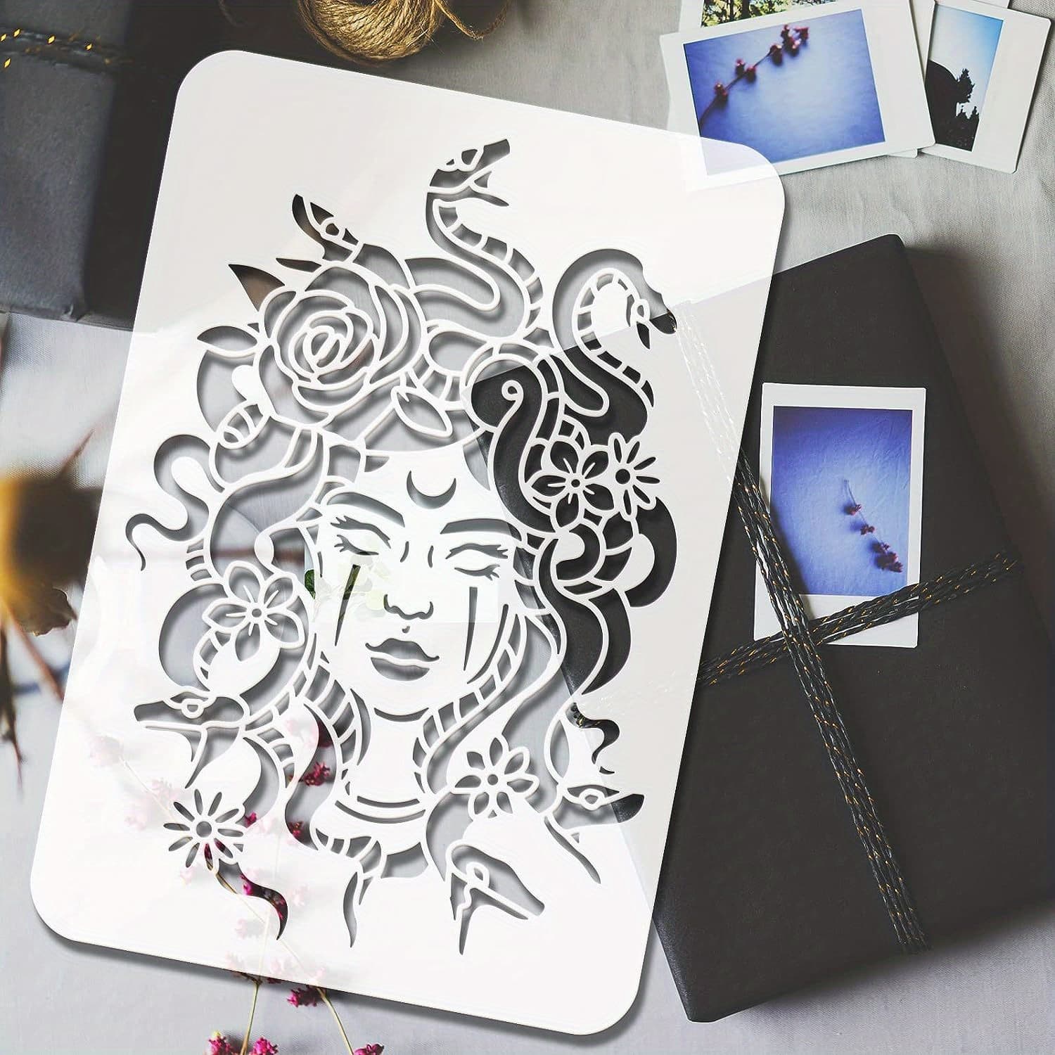 TEMU 1pc Medusa Painting Stencil 11.7x8.3 Inch Femme Fatale Painting Template Coiled Snakes Floral Drawing Stencil Reusable Plastic Template Painting On Scrapbook Floor Furniture Wood
