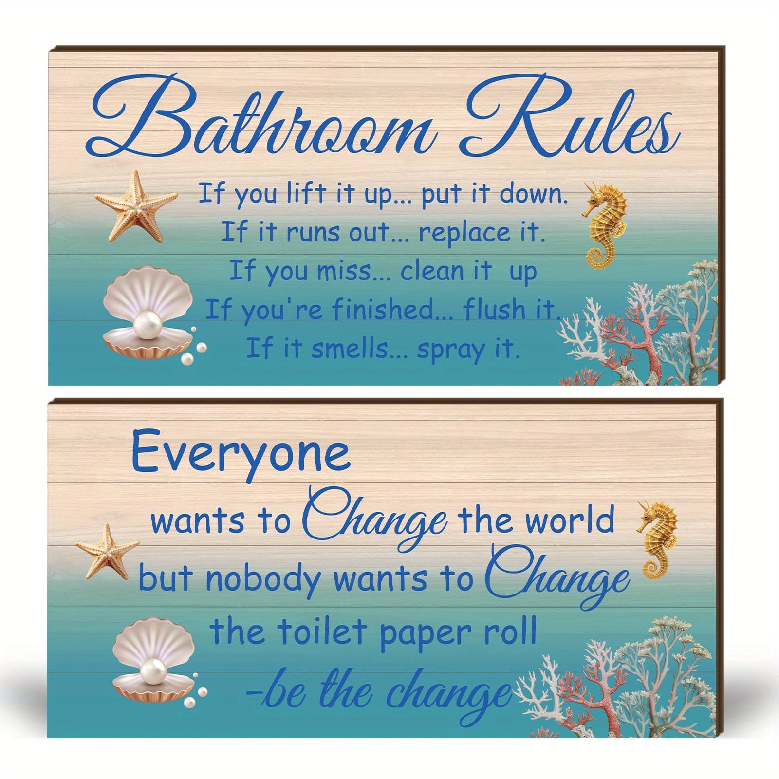 TEMU 2pcs Fun Ocean Theme Bathroom Wooden Plaque Decor Funny Bathroom Rules Copywriting Bathroom Wall Decor, Pattern Bathroom Accessories Farmhouse Toilet Rustic Wooden Signs