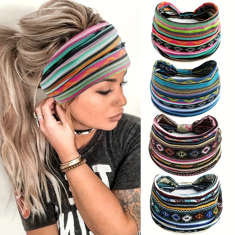 TEMU 4pcs Set, Women's Wide-brim Sports Yoga Running Sweat-absorbent Knotted Elastic Headband Hair Accessory, Ethnic Bohemian Style, Simple And Fashionable