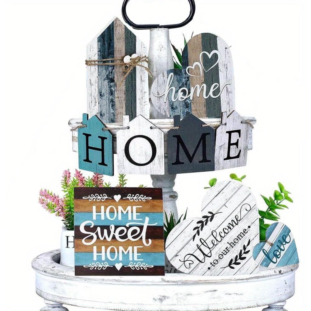 TEMU 9pcs Farmhouse Tiered Tray Decor Home Mini Signs Rustic Wood Sign Cutting House Shaped Table Wooden Farm (retro Style)