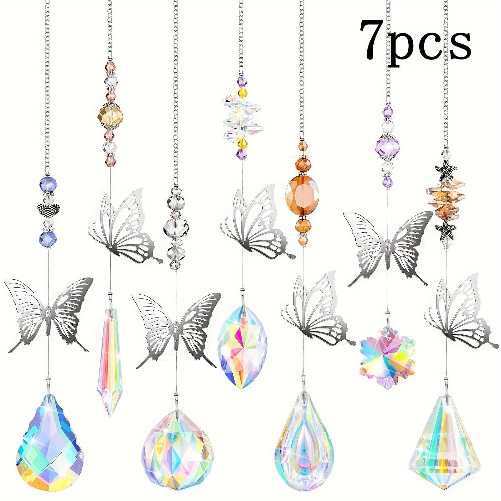 TEMU 7 Pcs Crystal Suncatchers - Glass Prism Pendant Ornaments With Assorted Beads For Wedding Decor, Garden, Home Window Display - Elegant Hanging Reflection Ab Color, Multi-shape Set