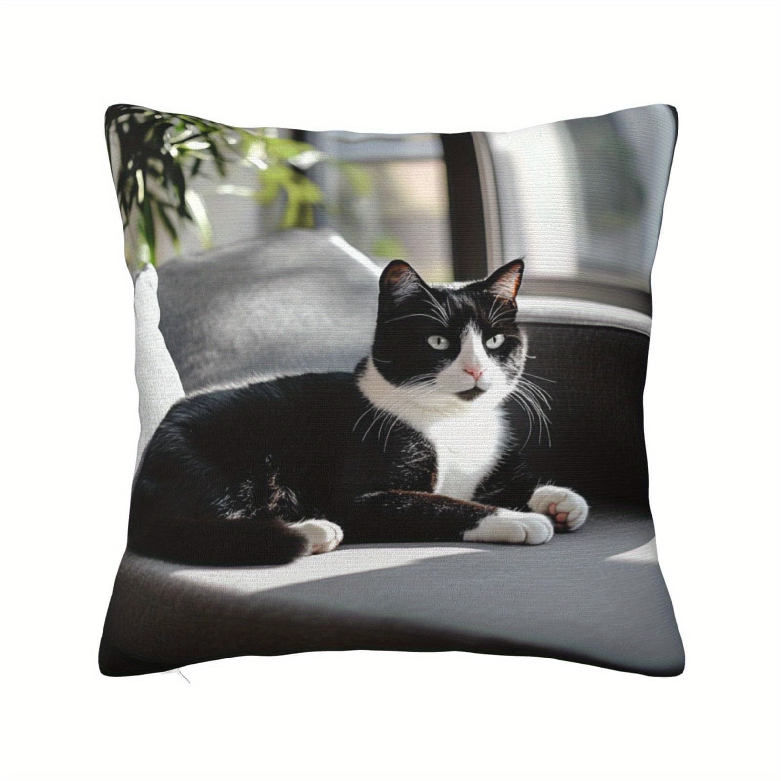 TEMU 1pc 18x18 Inch Black And White Cat Plush Pillow Cover - Soft Polyester Decorative With Zipper Closure, Contemporary Style For Home, Bedroom, Living Room, Or Office, No Insert Included