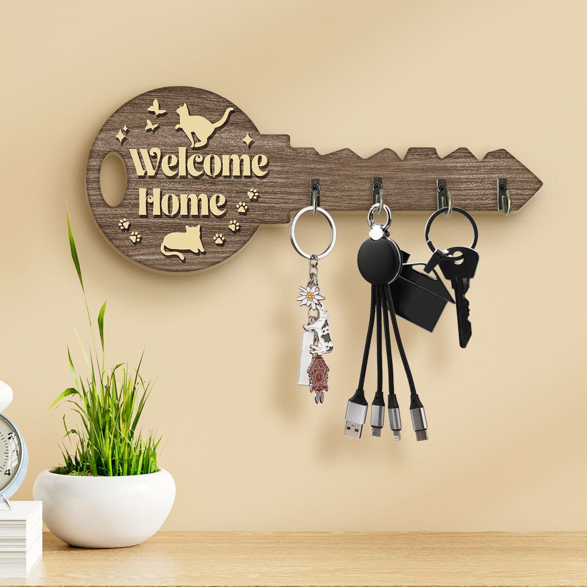 TEMU 1pc Vintage Wooden Key Shape Key Hook Wall Decoration Hook - Welcome Home - Bag Clothes Hook Room Dormitory Wall Hook, Halloween Thanksgiving Christmas Decoration