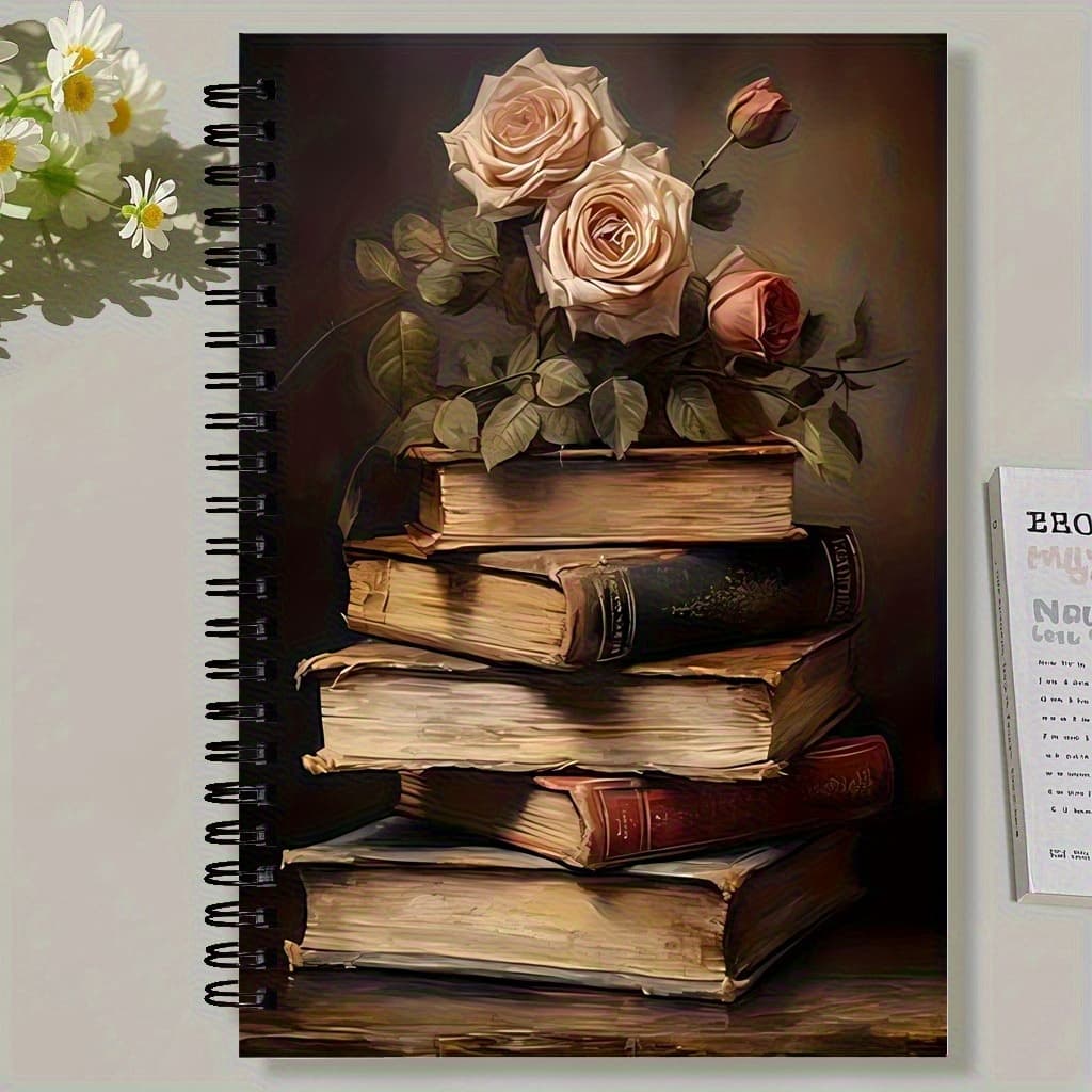 TEMU 1pc Bohemian Spiral Notebook, Retro Book Stack Design With Print - Perforated Pages, Easy To Insert, Ideal For Journal, Gift For Book Lovers, , Family, Book Accessory, , Artistic Cover,