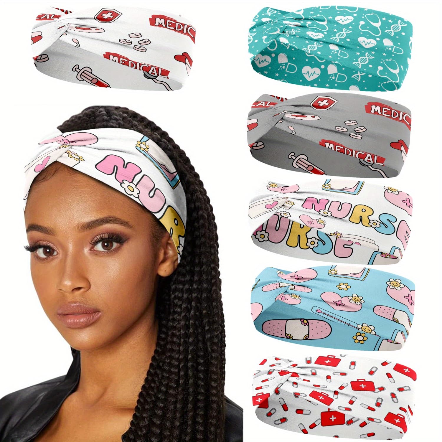 TEMU 6pcs Women's Nurse Headbands - Fun Themed, Stretchy Fabric, Perfect Gift For Nursing Students & , Cartoon Patterns, Wear, Cute Headband
