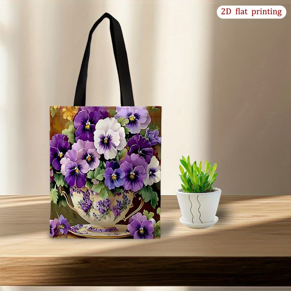 TEMU 1pc [2d Flat Printing] Pansy Flowers Shopping Bag, Multi Functional Tote Bag Portable Shoulder Bag For Multi-occasions Perfect Birthday Gift Idea For Women With